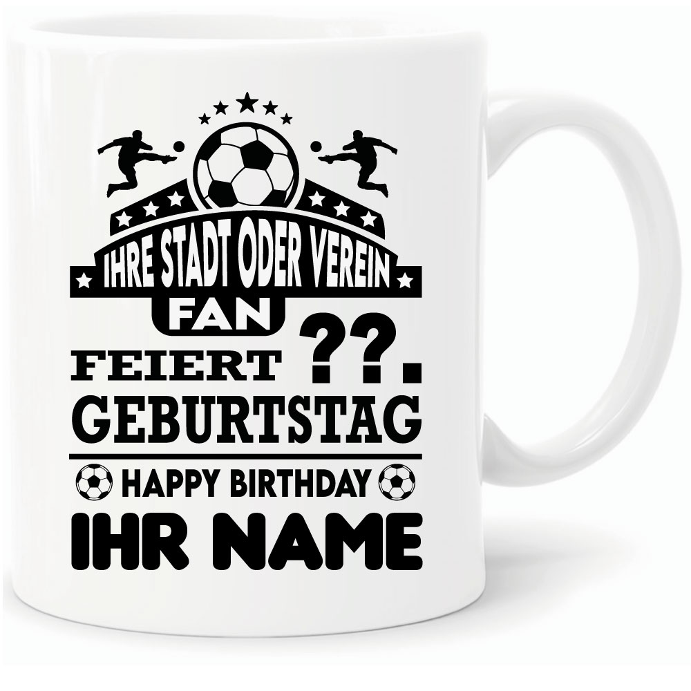 Geburtstagstasse für Fußballfans. Personalisiert mit Name, Verein, Alter.