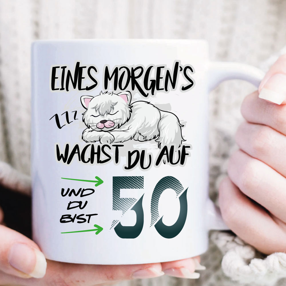 Tasse zum 50. Geburtstag. Süße Katze in 8 Ausführungen.