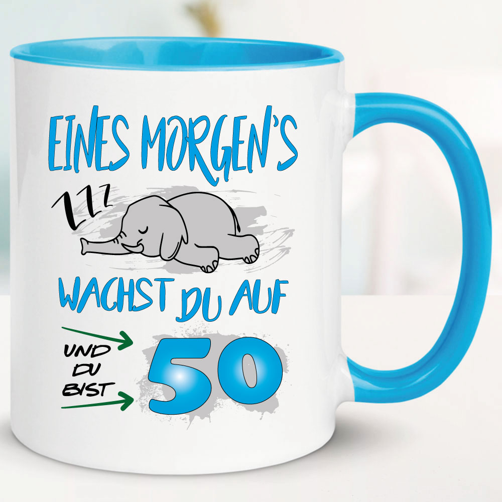 Tasse 50. Geburtstag mit lustigen Elefanten bedruckt.