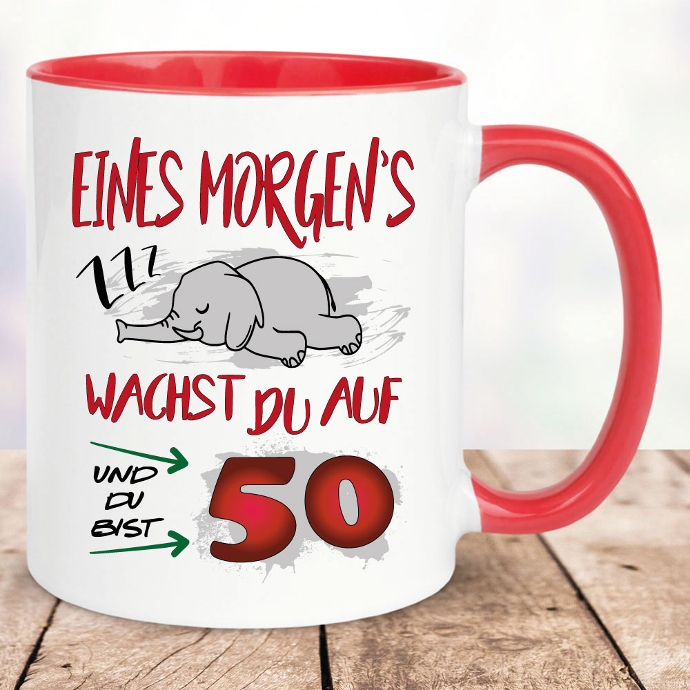 Tasse 50. Geburtstag mit lustigen Elefanten bedruckt.