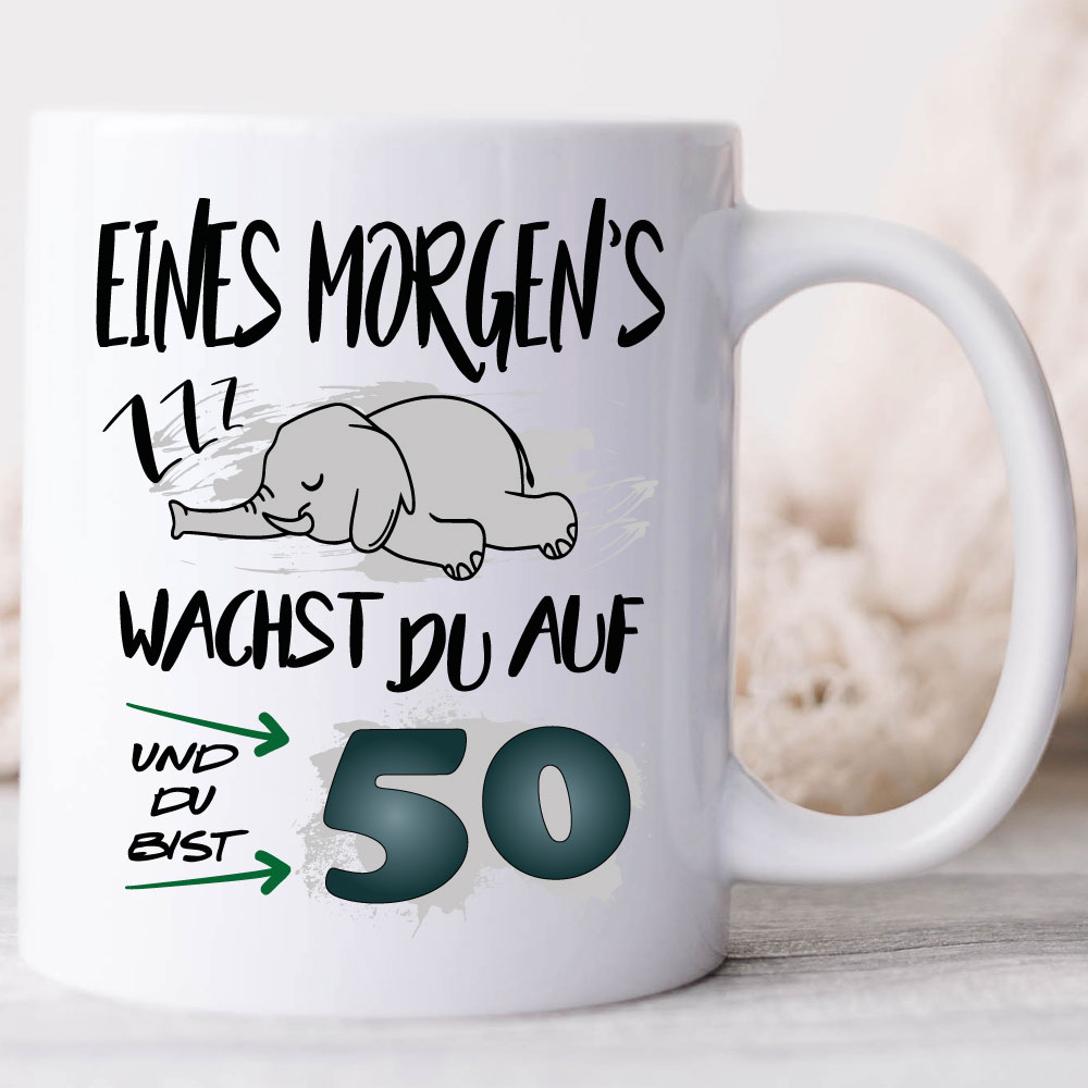Tasse 50. Geburtstag mit lustigen Elefanten bedruckt.