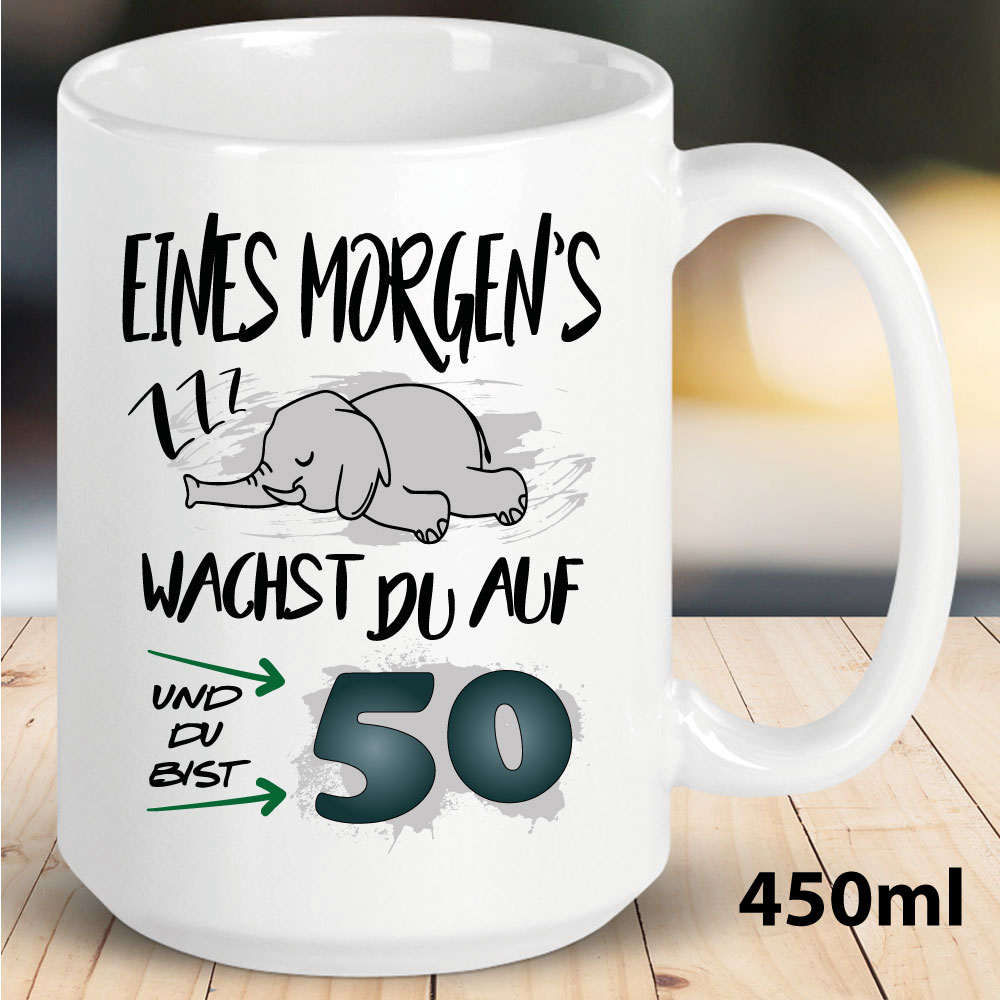 Tasse 50. Geburtstag mit lustigen Elefanten bedruckt.