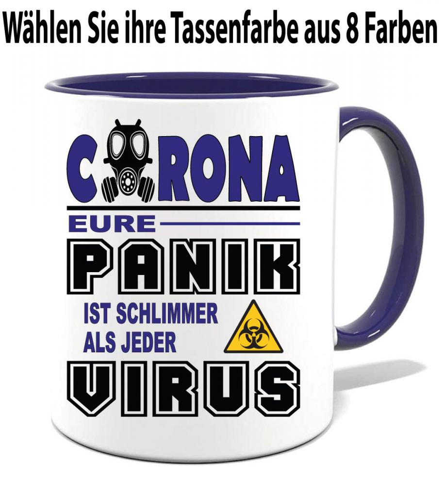 Lustige Corona Tasse in 8 Farben mit Motiv bedruckt Panikvirus