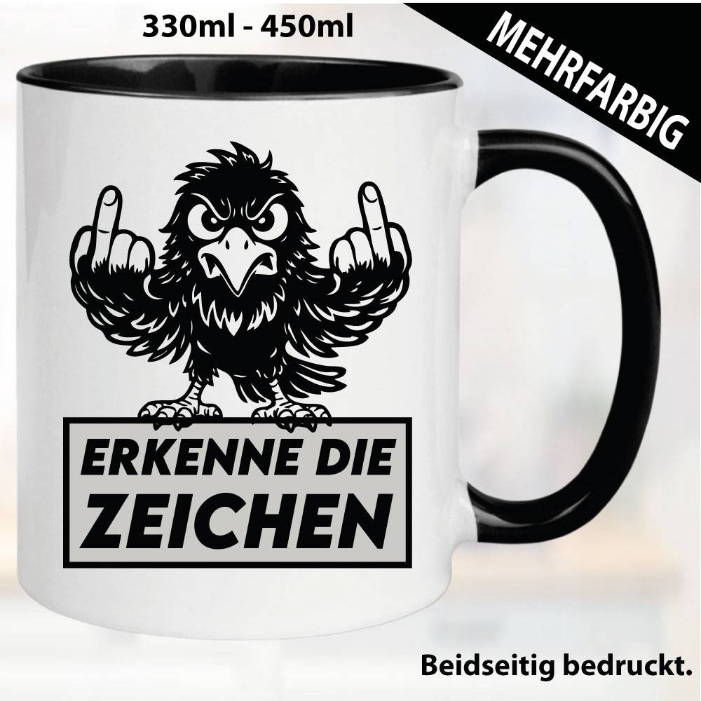 Lustige Tasse mit Adler und Fick dich Fuck you Mittelfinger bedruckt. Comic.