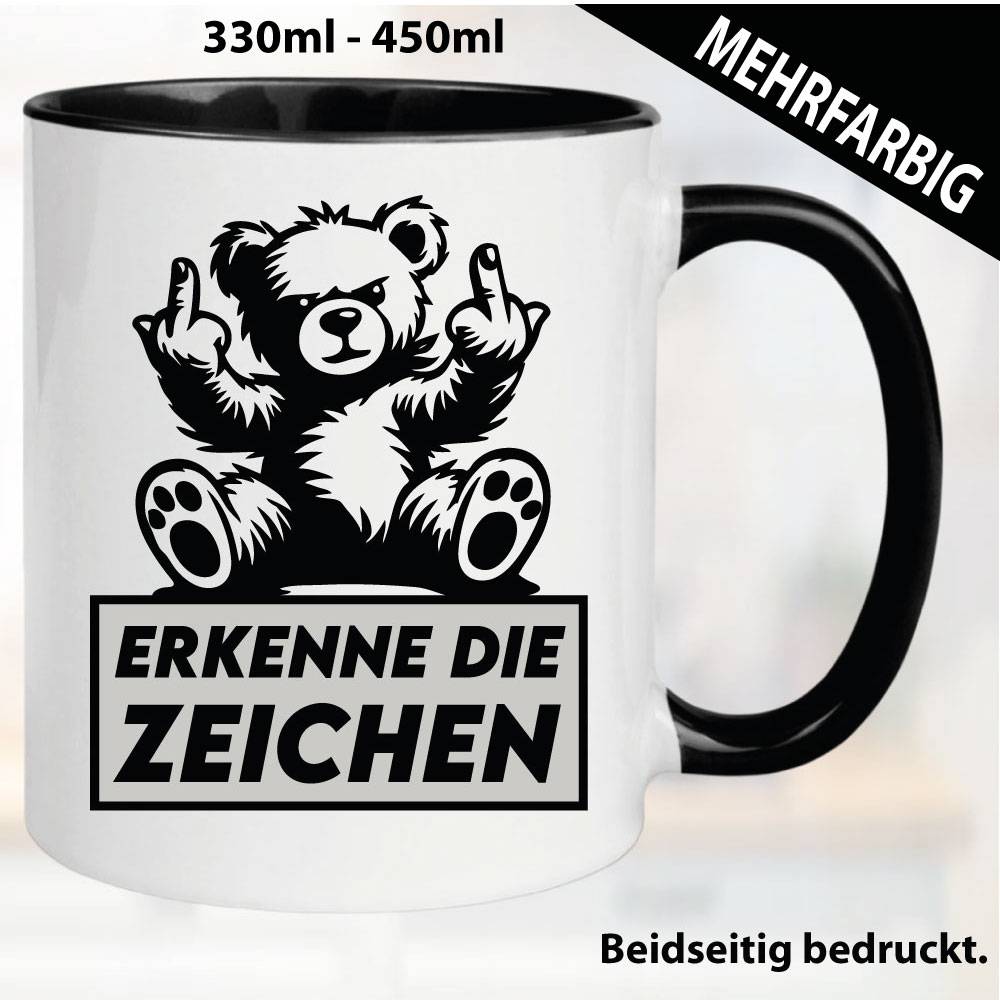 Lustige Tasse mit Bär und Fick dich Fuck you Mittelfinger bedruckt. Comic.