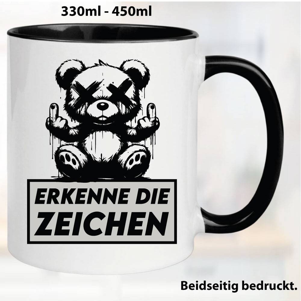 Lustige Tasse mit Retro Bär und Fick dich Fuck you Mittelfinger bedruckt. Comic.
