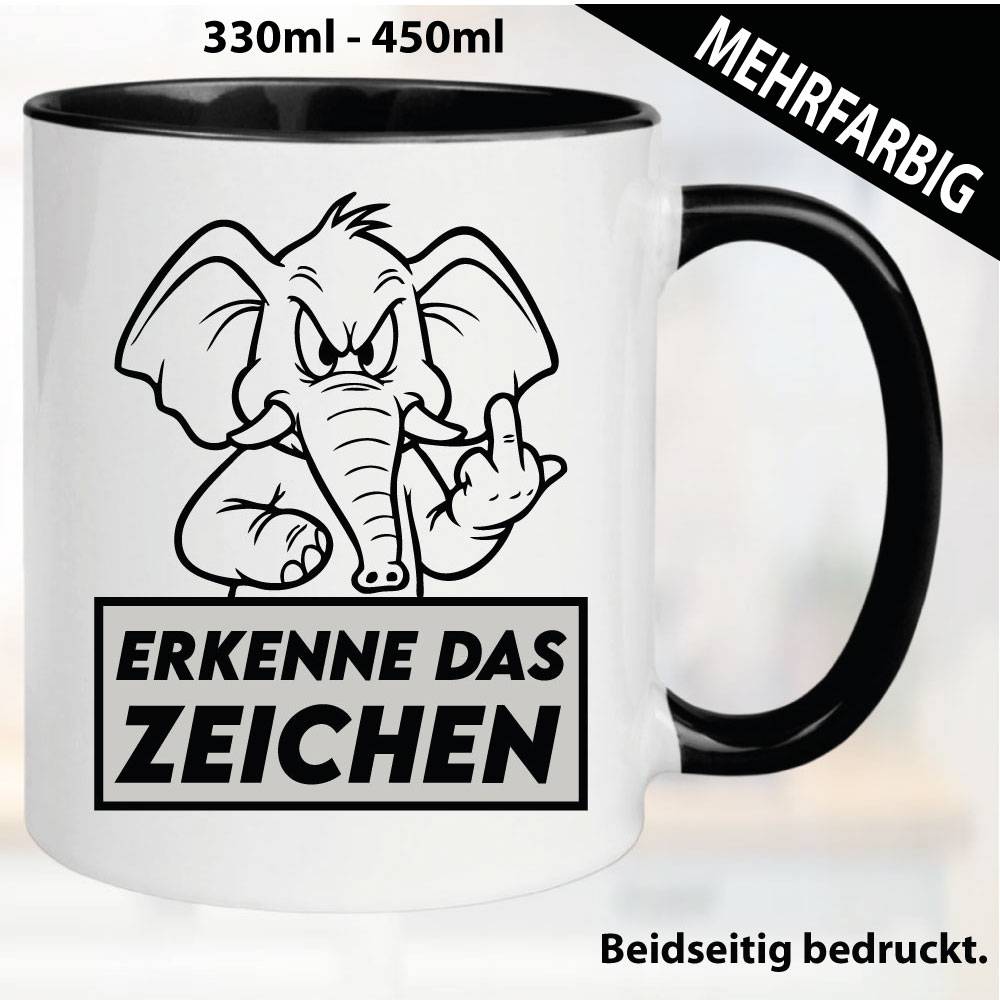 Lustige Tasse mit Elefant und Fick dich Fuck you Mittelfinger bedruckt. Comic.