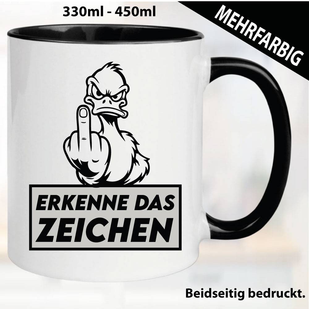 Lustige Tasse mit Ente und Fick dich Fuck you Mittelfinger bedruckt. Comic.