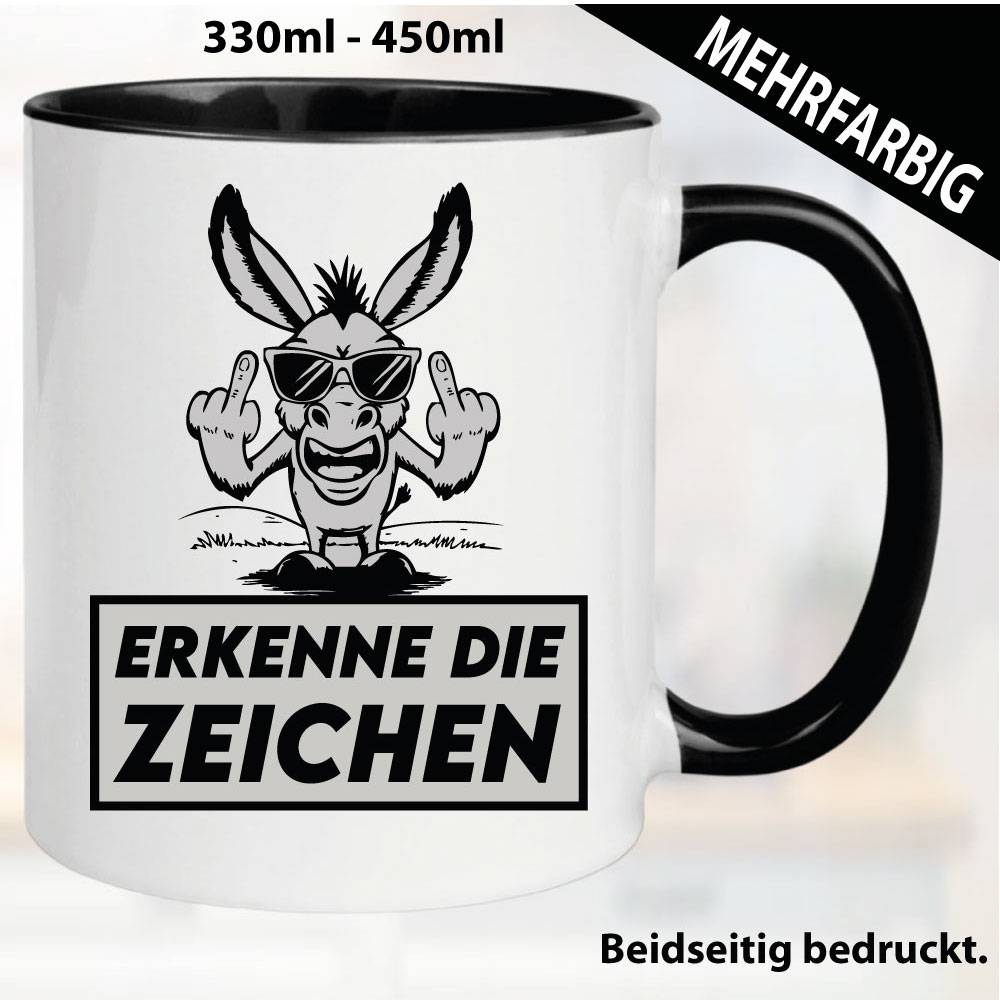 Lustige Tasse mit Esel und Fick dich Fuck you Mittelfinger bedruckt. Comic.