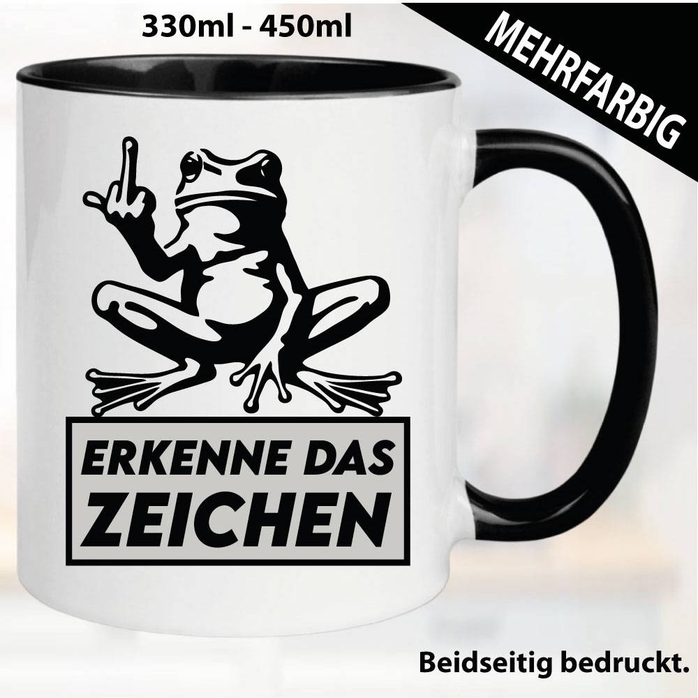 Lustige Tasse mit Frosch und Fick dich Fuck you Mittelfinger bedruckt. Comic.