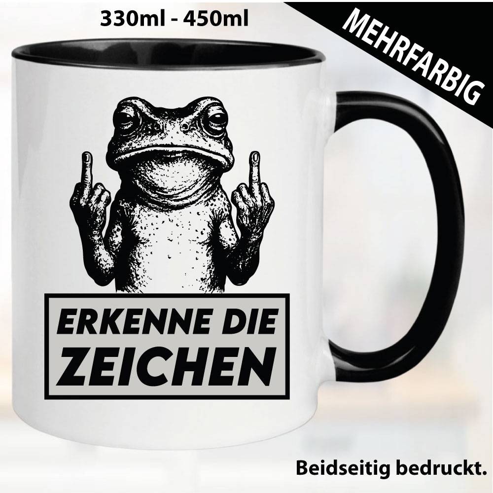 Lustige Tasse mit Frosch und Fick dich Fuck you Mittelfinger bedruckt. Comic.