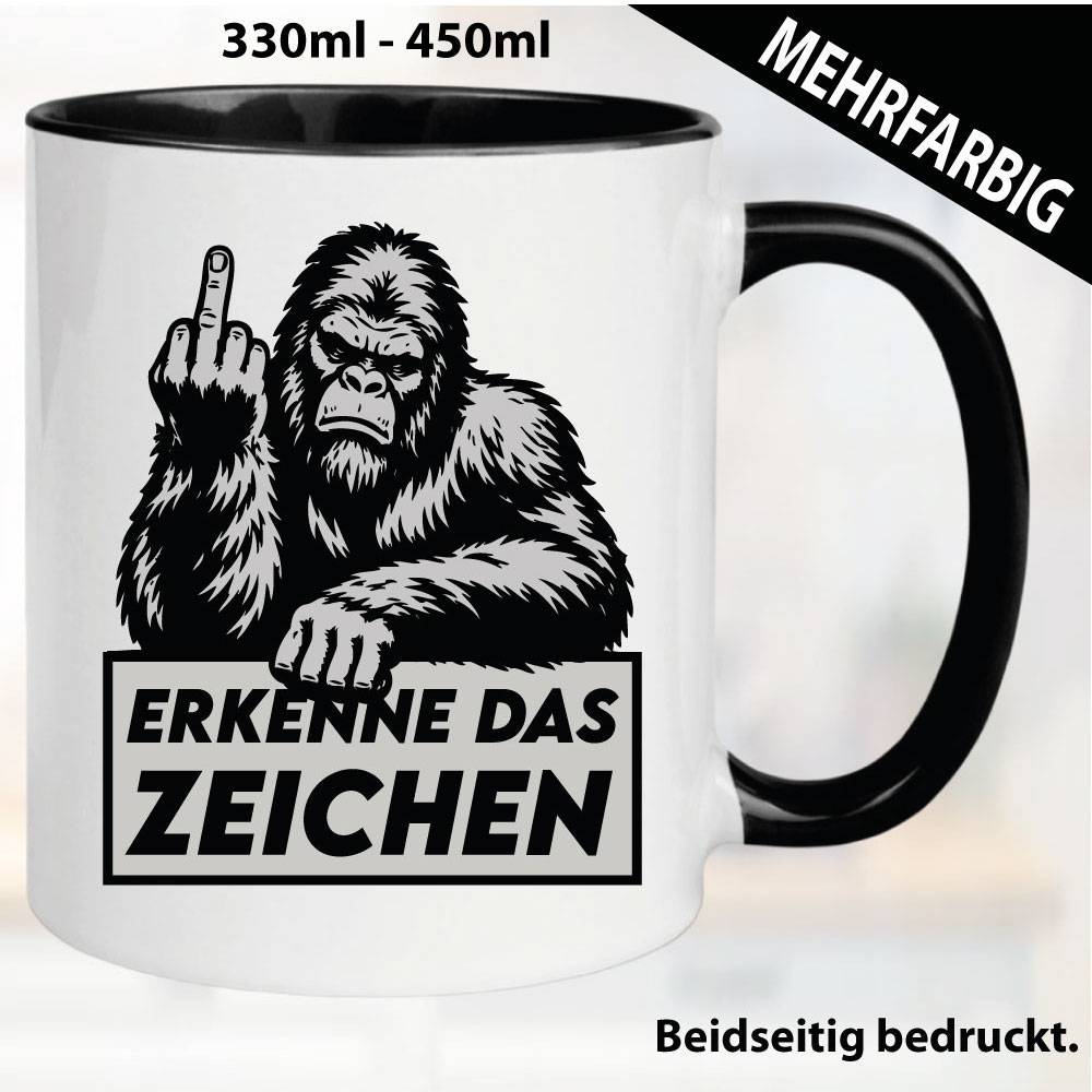 Lustige Tasse mit Gorilla und Fick dich Fuck you Mittelfinger bedruckt. Comic.