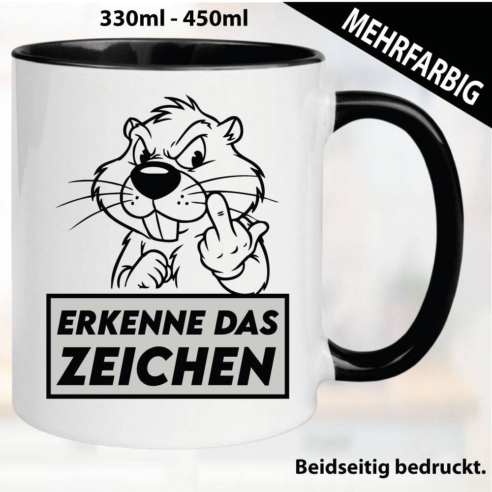 Lustige Tasse mit Biber und Fick dich Fuck you Mittelfinger bedruckt. Comic.