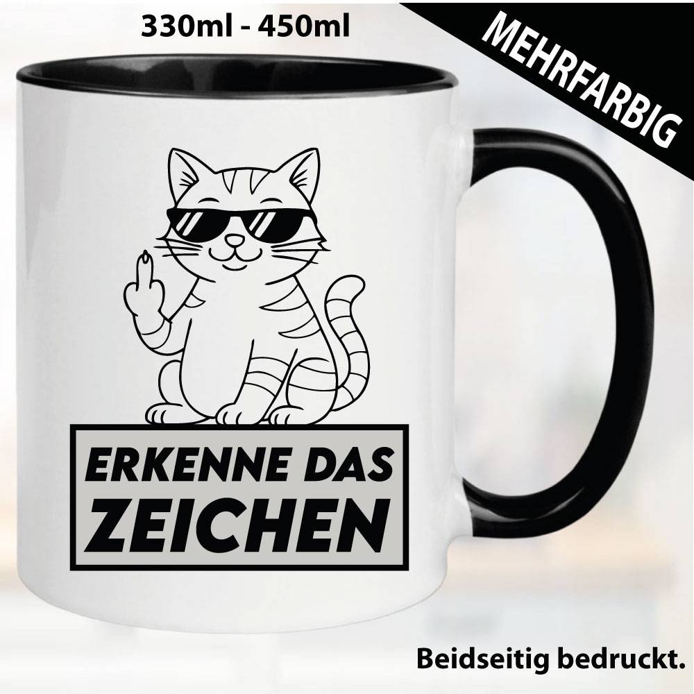 Lustige Tasse mit Katze und Fick dich Fuck you Mittelfinger bedruckt. Comic.
