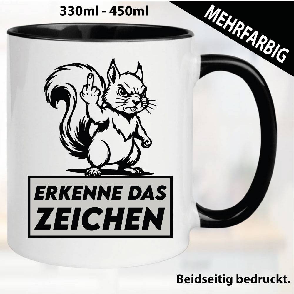 Lustige Tasse mit Biber und Fick dich Fuck you Mittelfinger bedruckt. Comic.