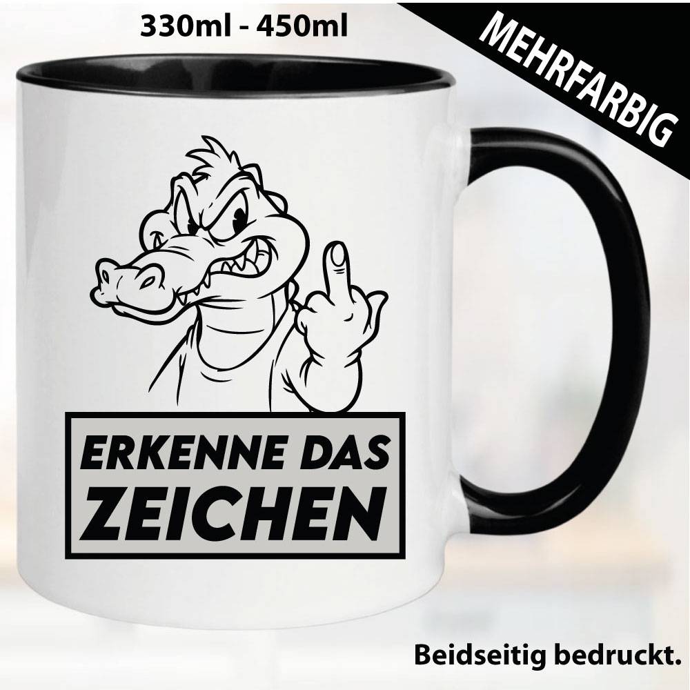 Lustige Tasse mit Krokodil und Fick dich Fuck you Mittelfinger bedruckt. Comic.