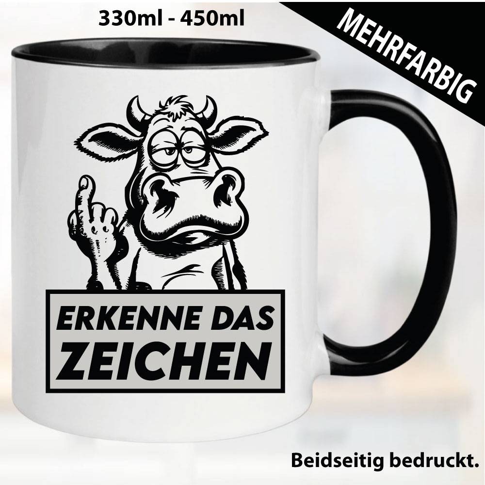 Lustige Tasse mit Kuh und Fick dich Fuck you Mittelfinger bedruckt. Comic.