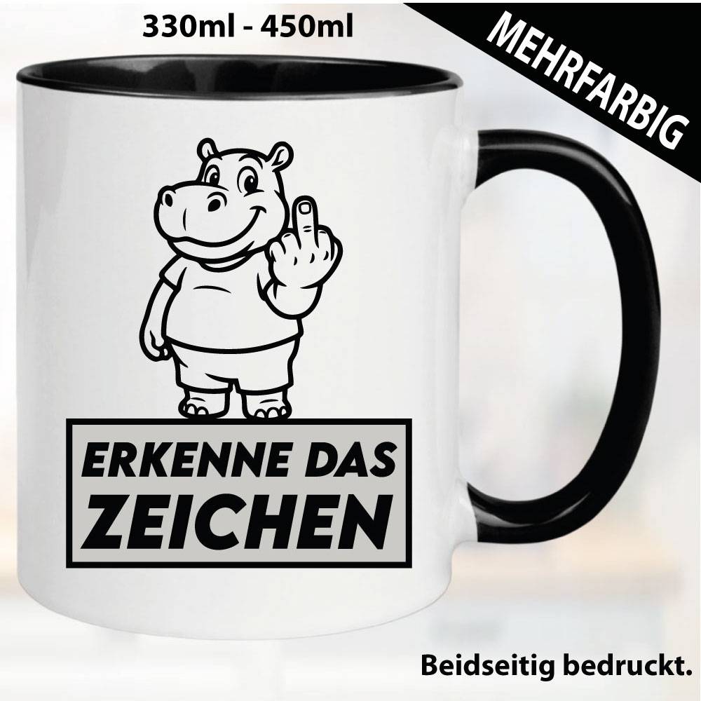 Lustige Tasse mit Nilpferd und Fick dich Fuck you Mittelfinger bedruckt. Comic.