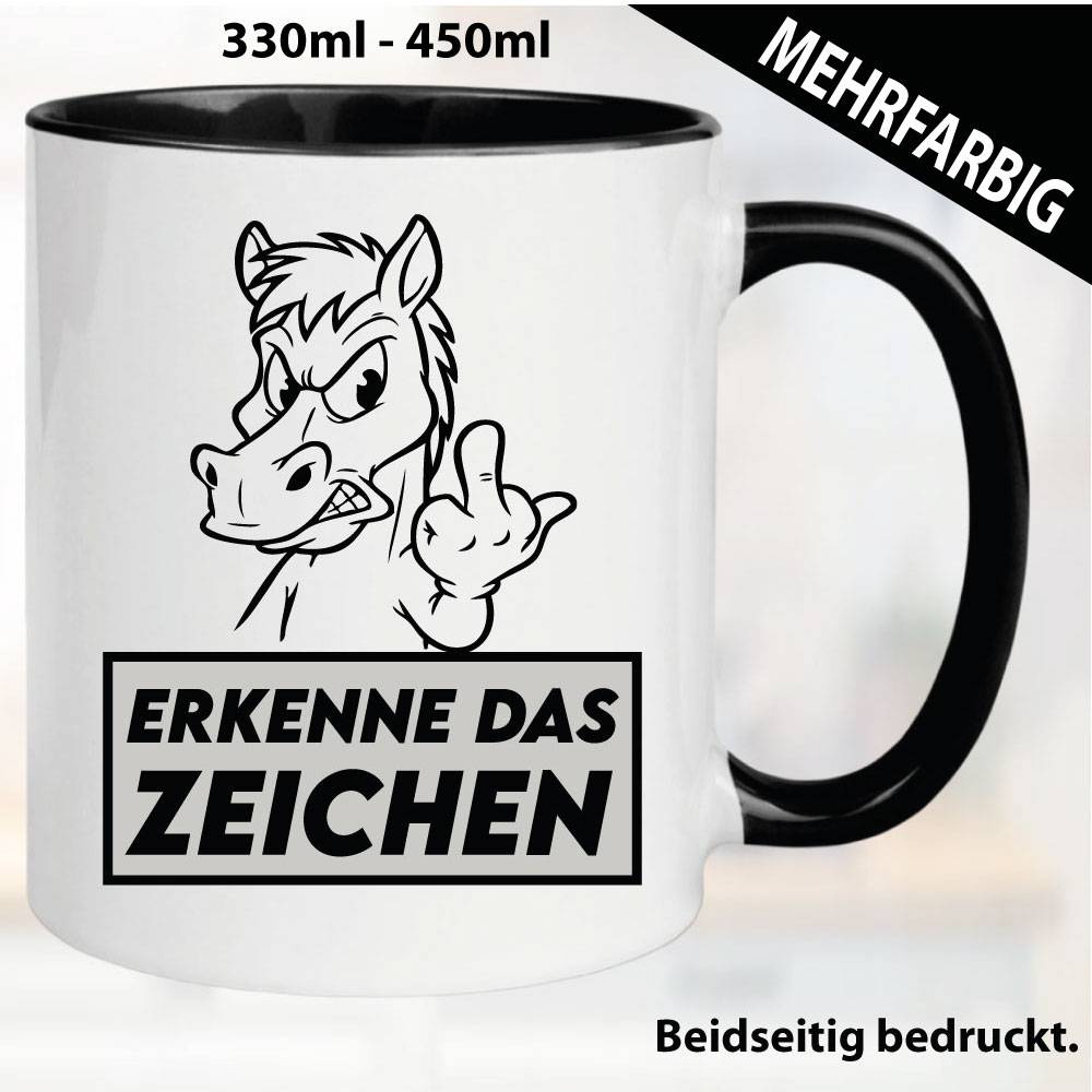 Lustige Tasse mit Pferd und Fick dich Fuck you Mittelfinger bedruckt. Comic.