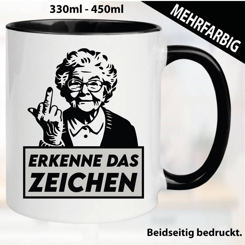Lustige Tasse mit Rentnerin und Fick dich Fuck you Mittelfinger bedruckt. Comic.