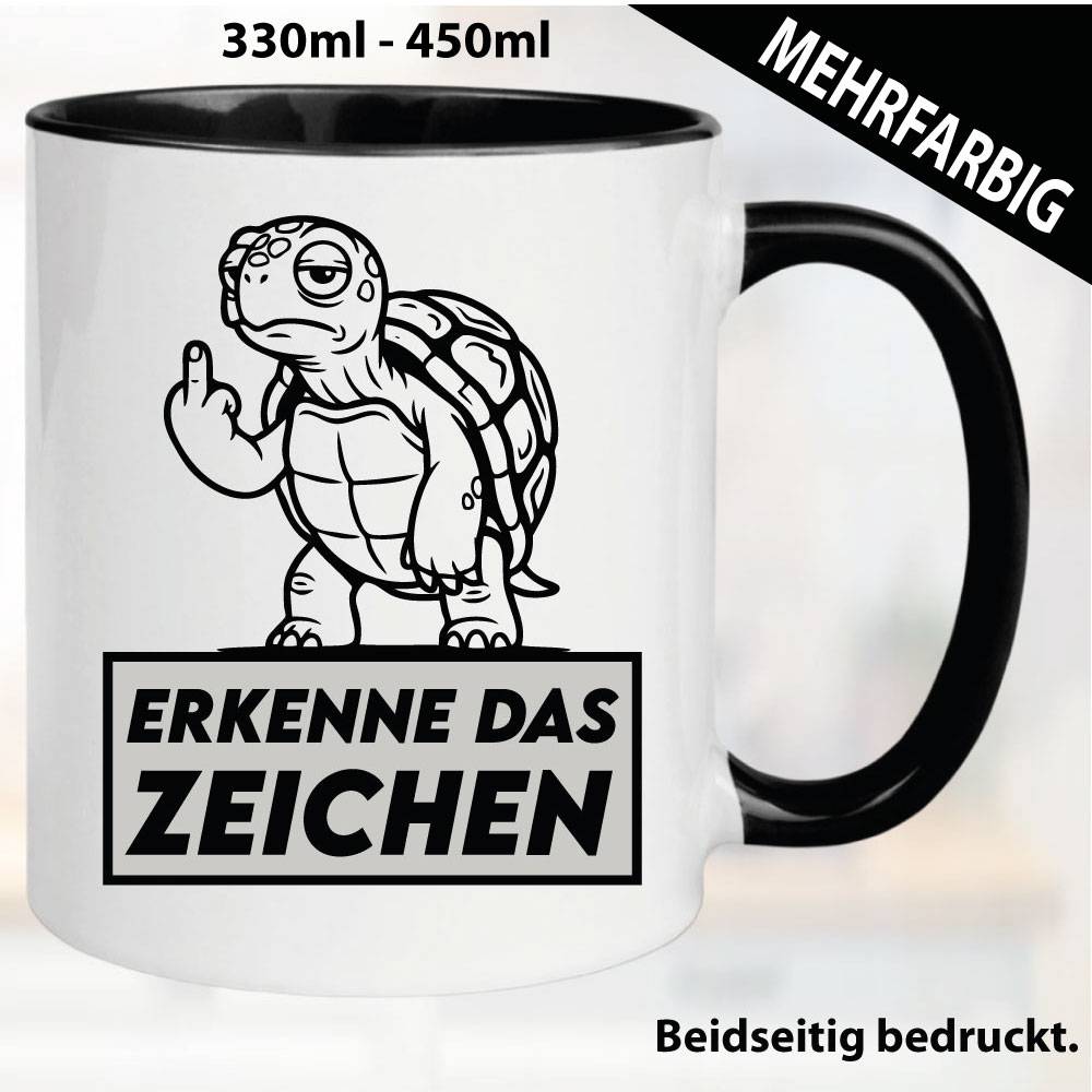 Lustige Tasse mit Schildkröte und Fick dich Fuck you Mittelfinger bedruckt. Comic.
