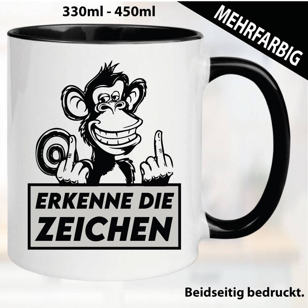 Lustige Tasse mit Schimpanse und Fick dich Fuck you Mittelfinger bedruckt. Comic.