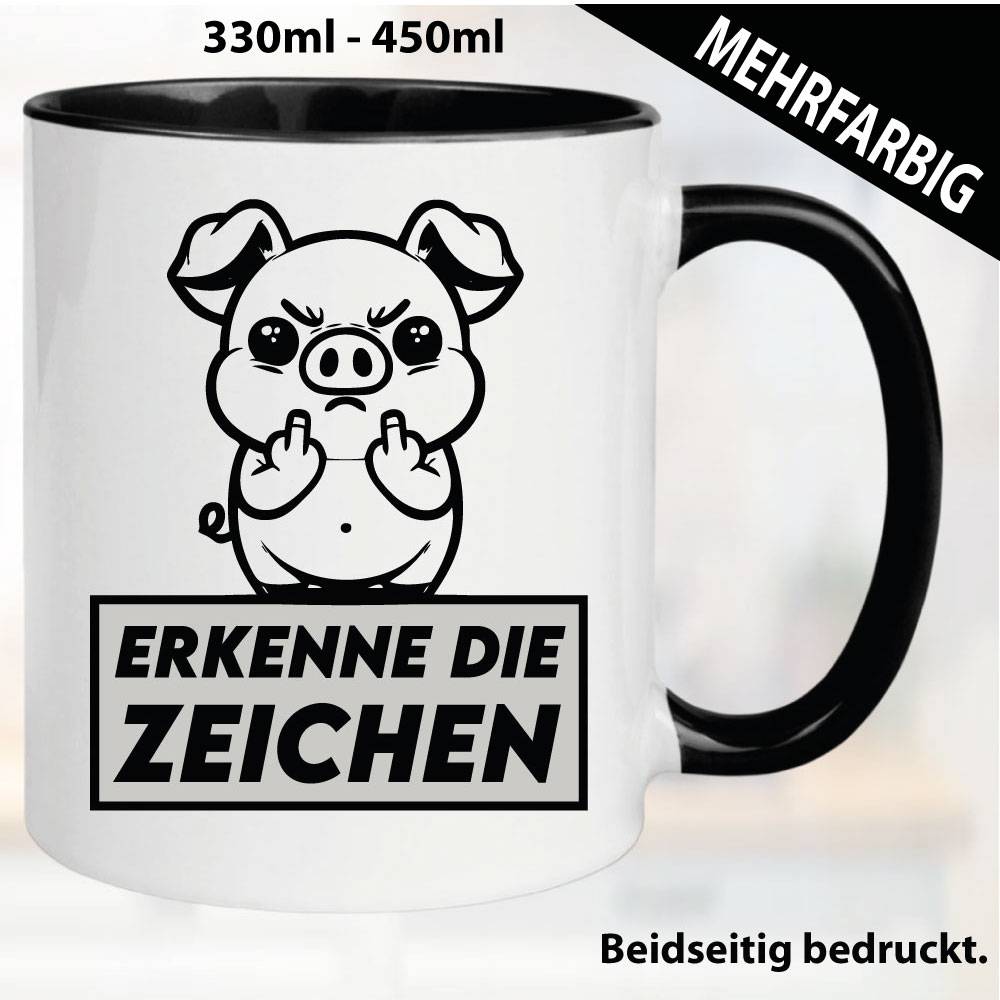 Lustige Tasse mit Schwein und Fick dich Fuck you Mittelfinger bedruckt. Comic.