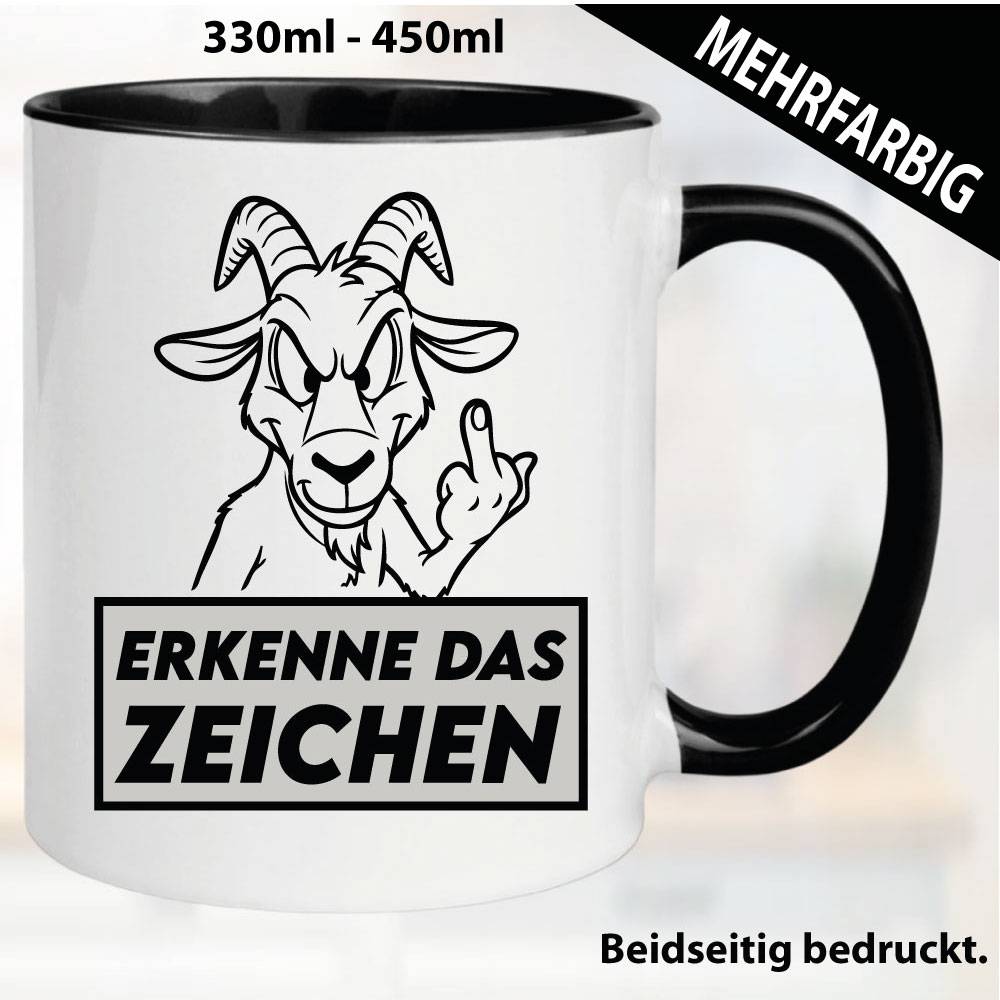 Lustige Tasse mit Steinbock und Fick dich Fuck you Mittelfinger bedruckt. Comic.