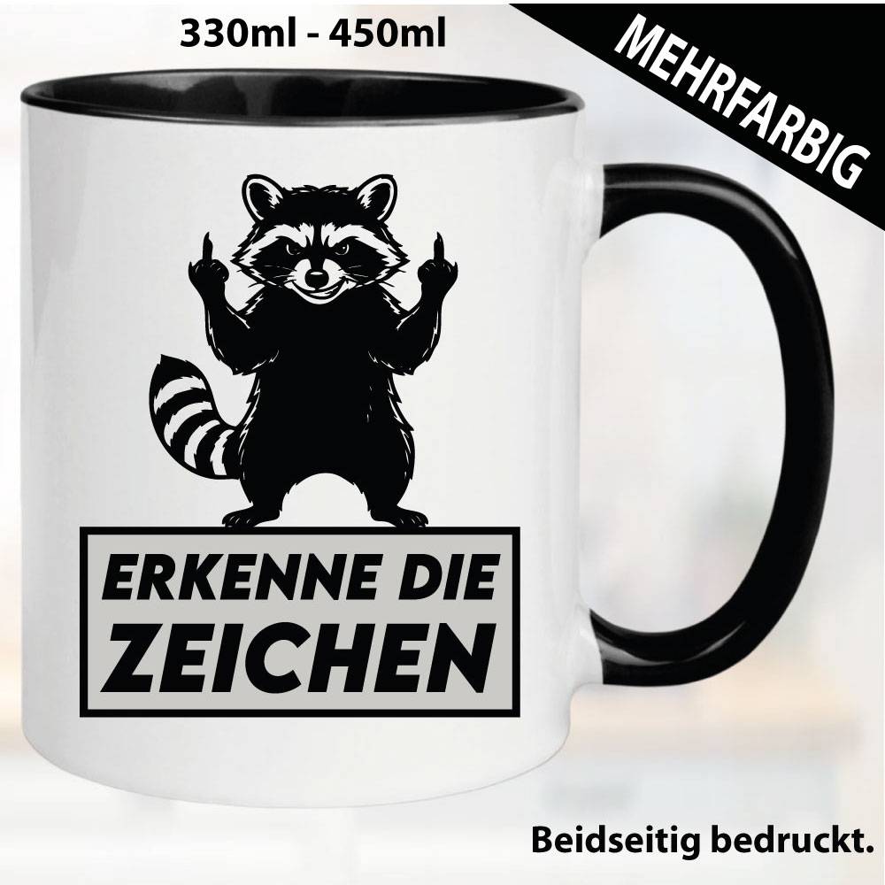 Lustige Tasse mit Waschbär und Fick dich Fuck you Mittelfinger bedruckt. Comic.