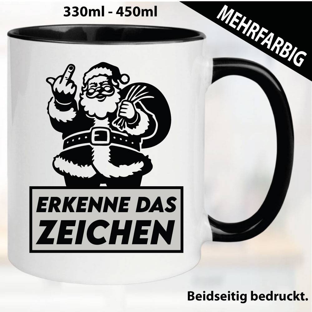 Lustige Tasse mit Weihnachtsmann und Fick dich Fuck you Mittelfinger bedruckt. Comic.