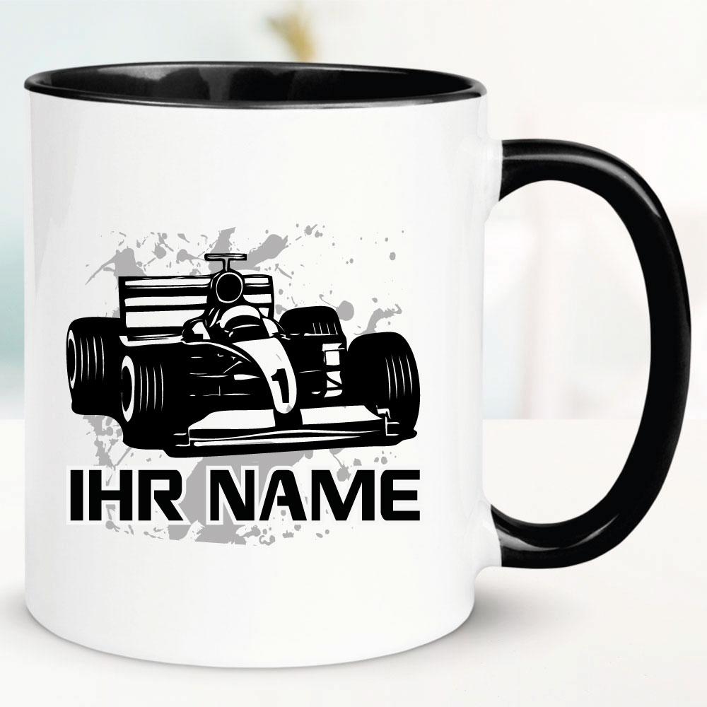 Schwarze Tasse mit Formel1-Wagen und Name bedruckt.