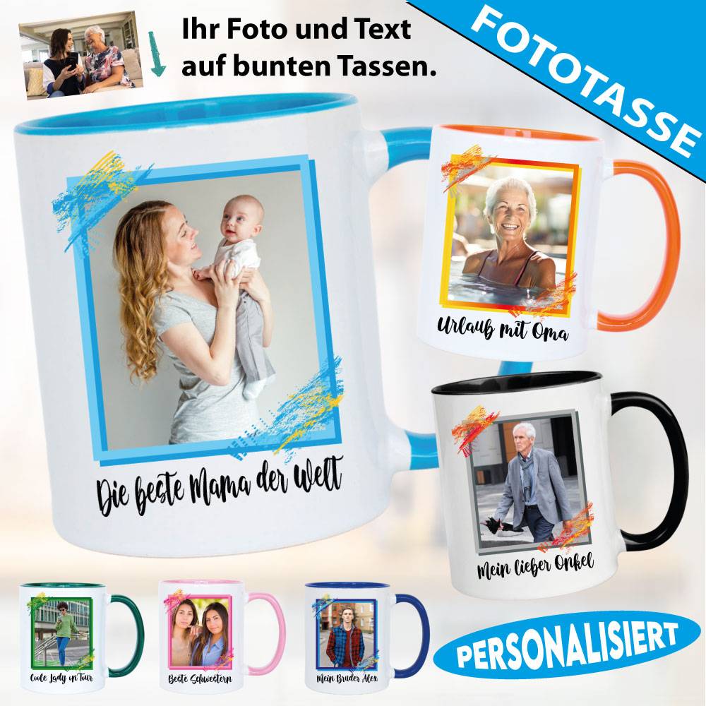 Fototasse mit Rahmen und Text