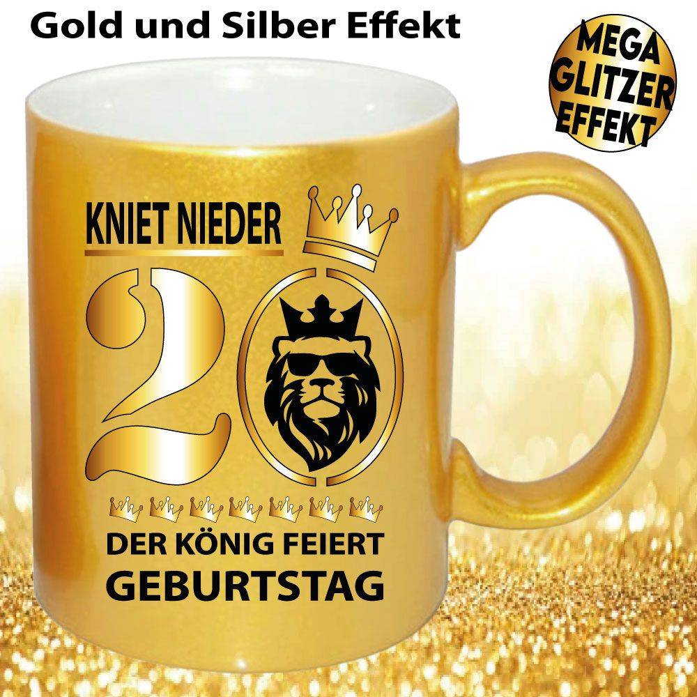 Der König. Gold / Silber Glitzertasse zum 20. Geburtstag