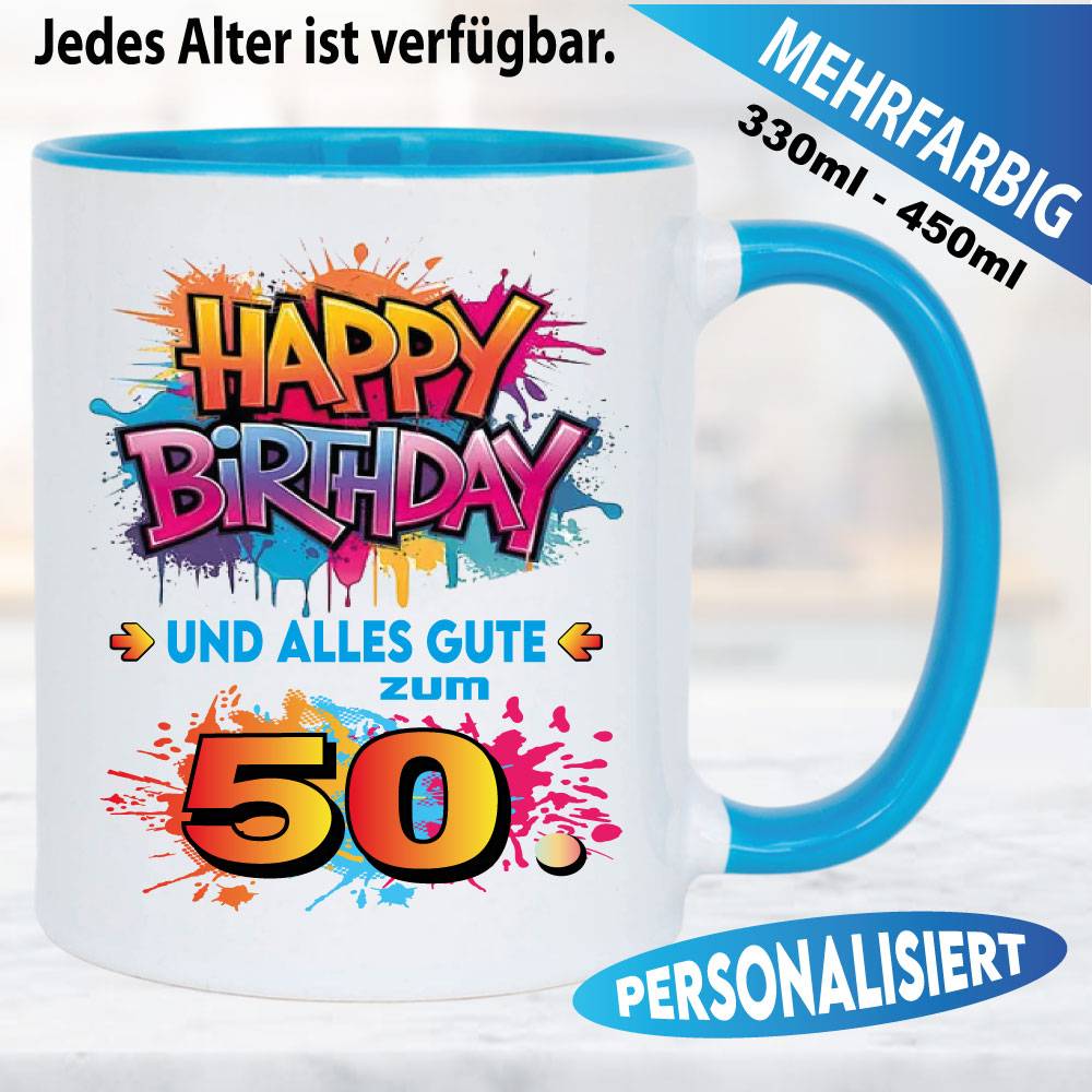 Tasse Happy Birthday Splash – Rot, Blau und Orange.