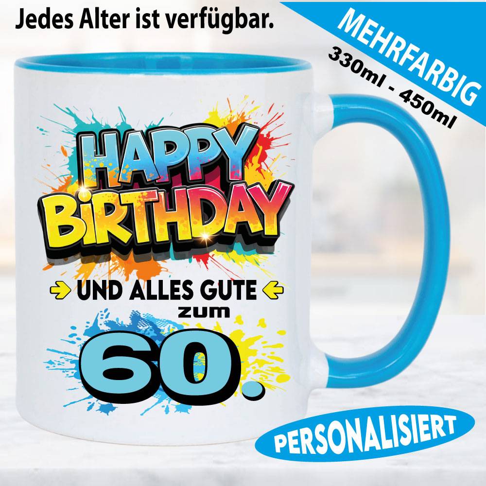 Tasse Happy Birthday Splash – Hellblau und Gelb.
