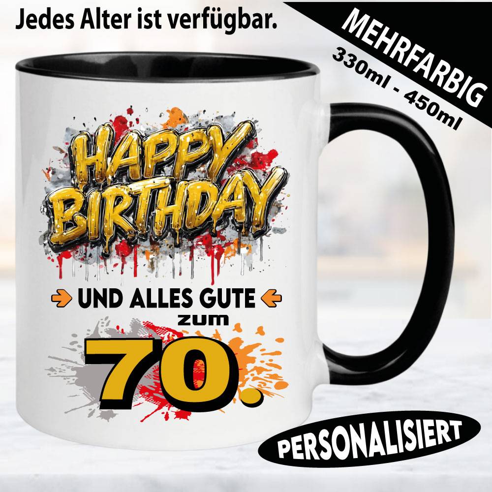 Tasse Happy Birthday Splash – Orange und Grau.