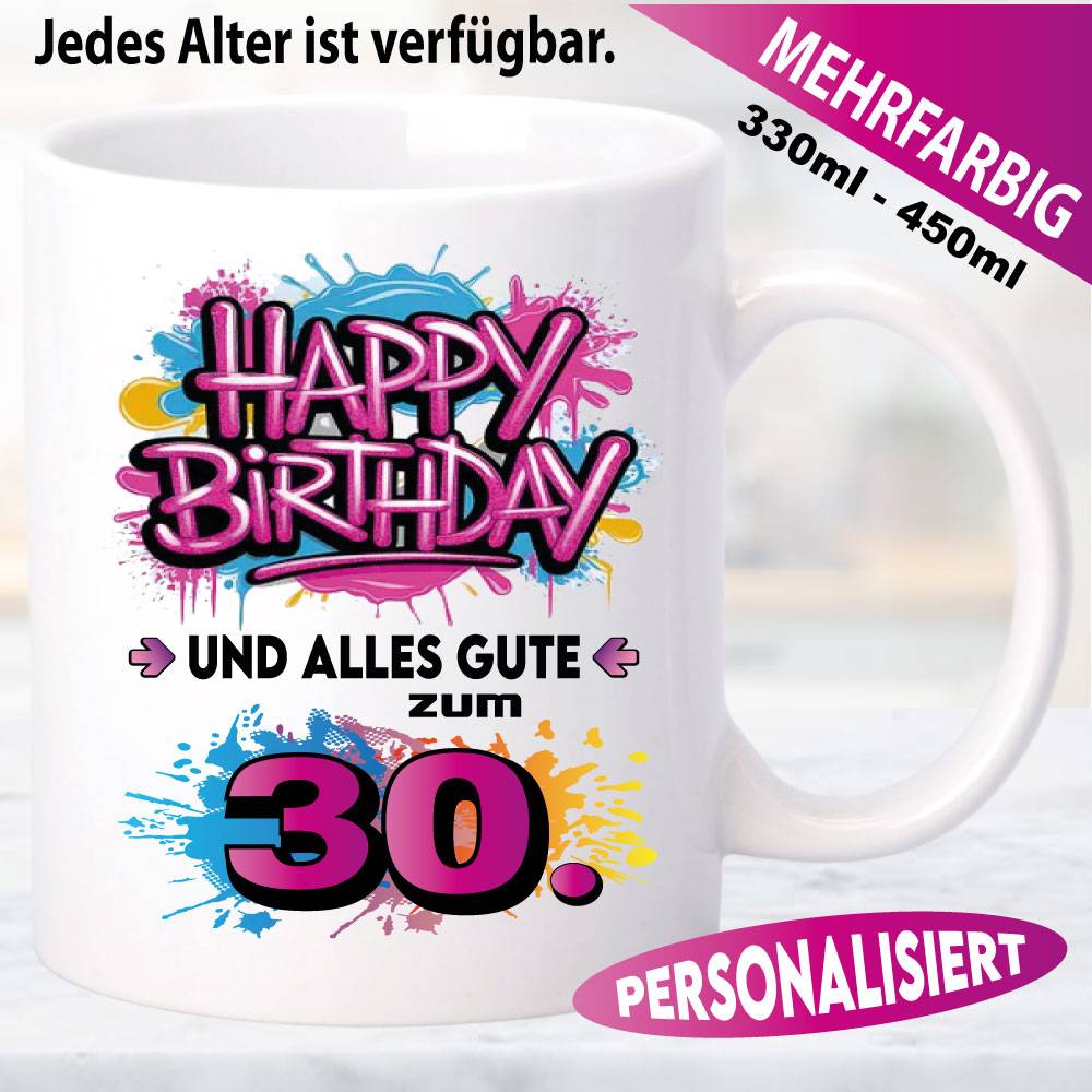 Tasse Happy Birthday Splash – Lila, Hellblau und Pink.