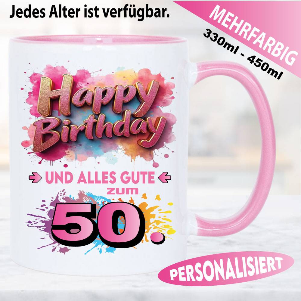 Tasse Happy Birthday Splash – Pink, Gelb und Rot.