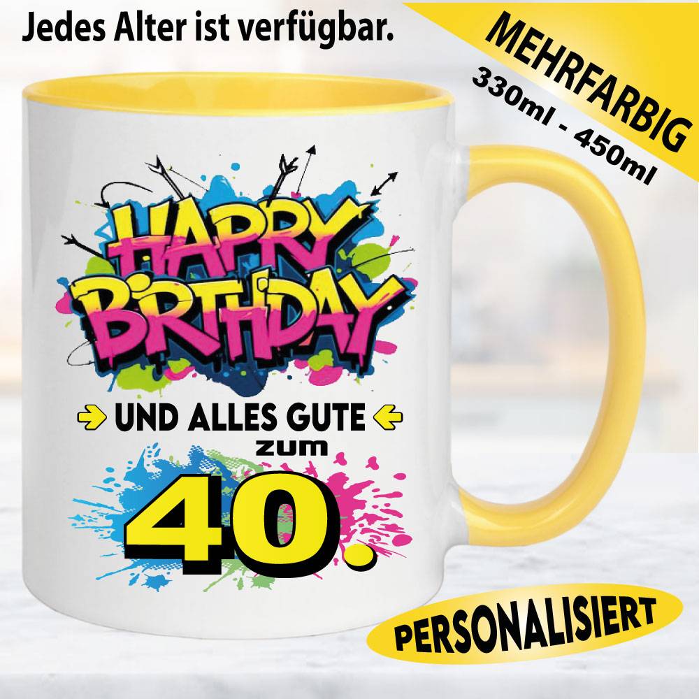 Tasse Happy Birthday Splash – Gelb, Pink und Blau.