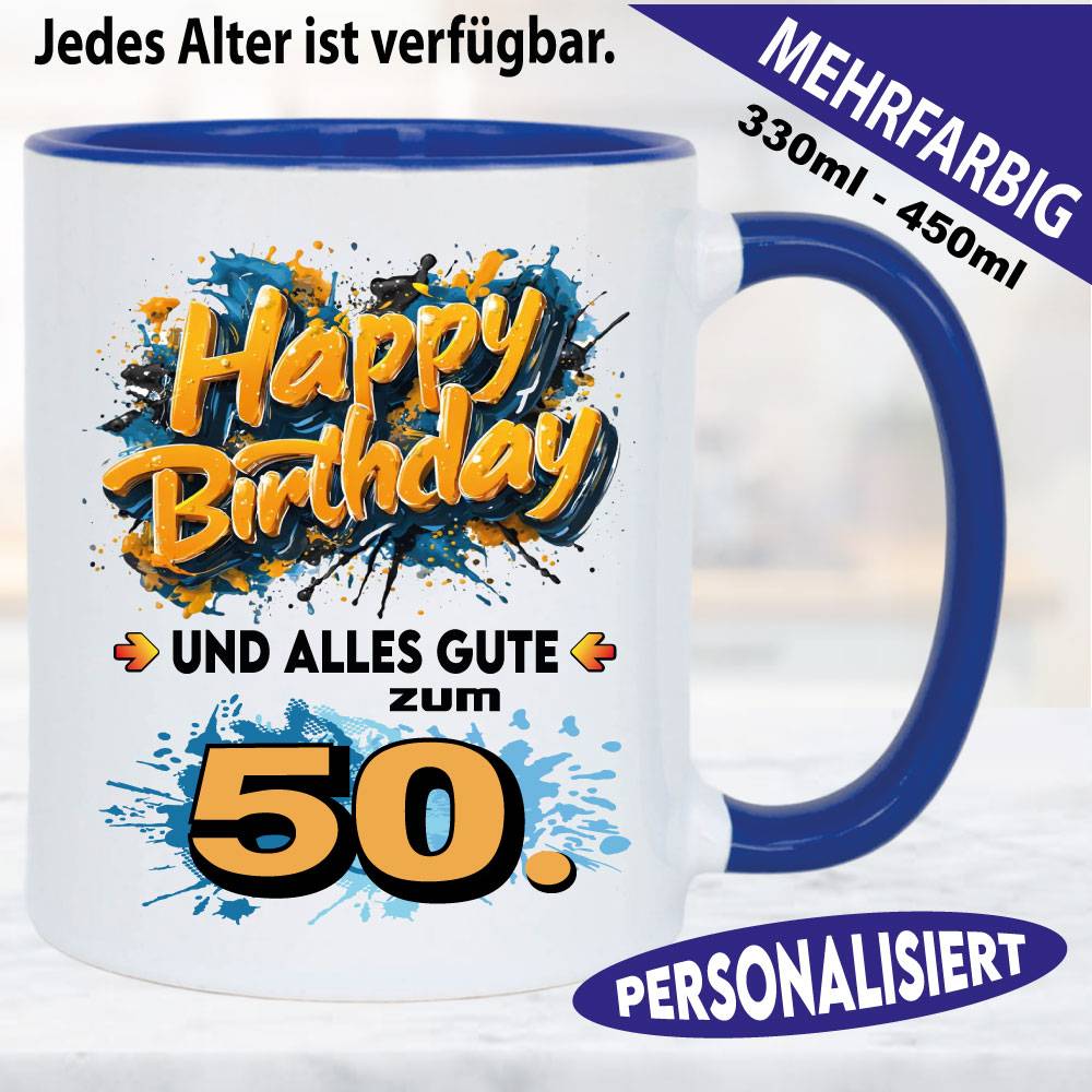 Tasse Happy Birthday Splash – Orange, Hellblau und Schwarz.