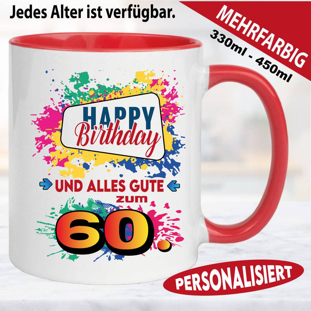 Tasse Happy Birthday Splash – Orange und Schwarz.