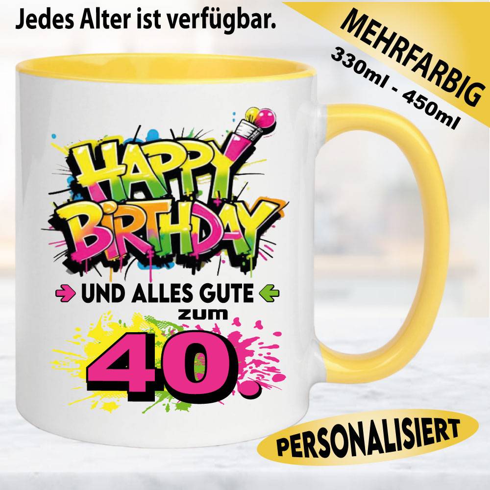 Tasse Happy Birthday Splash – Gelb, Pink und Grün.
