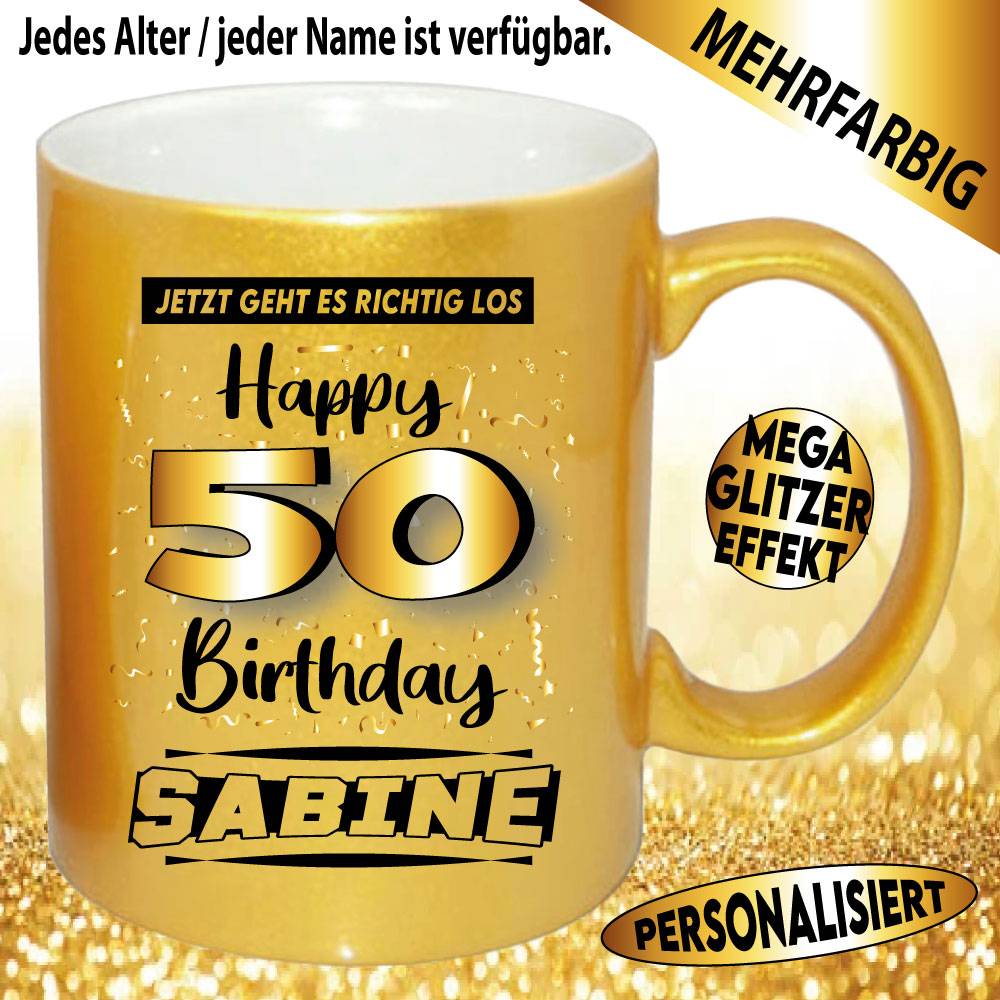 Glitzertasse Gold Silber Pink zum Geburtstag Happy Birthday