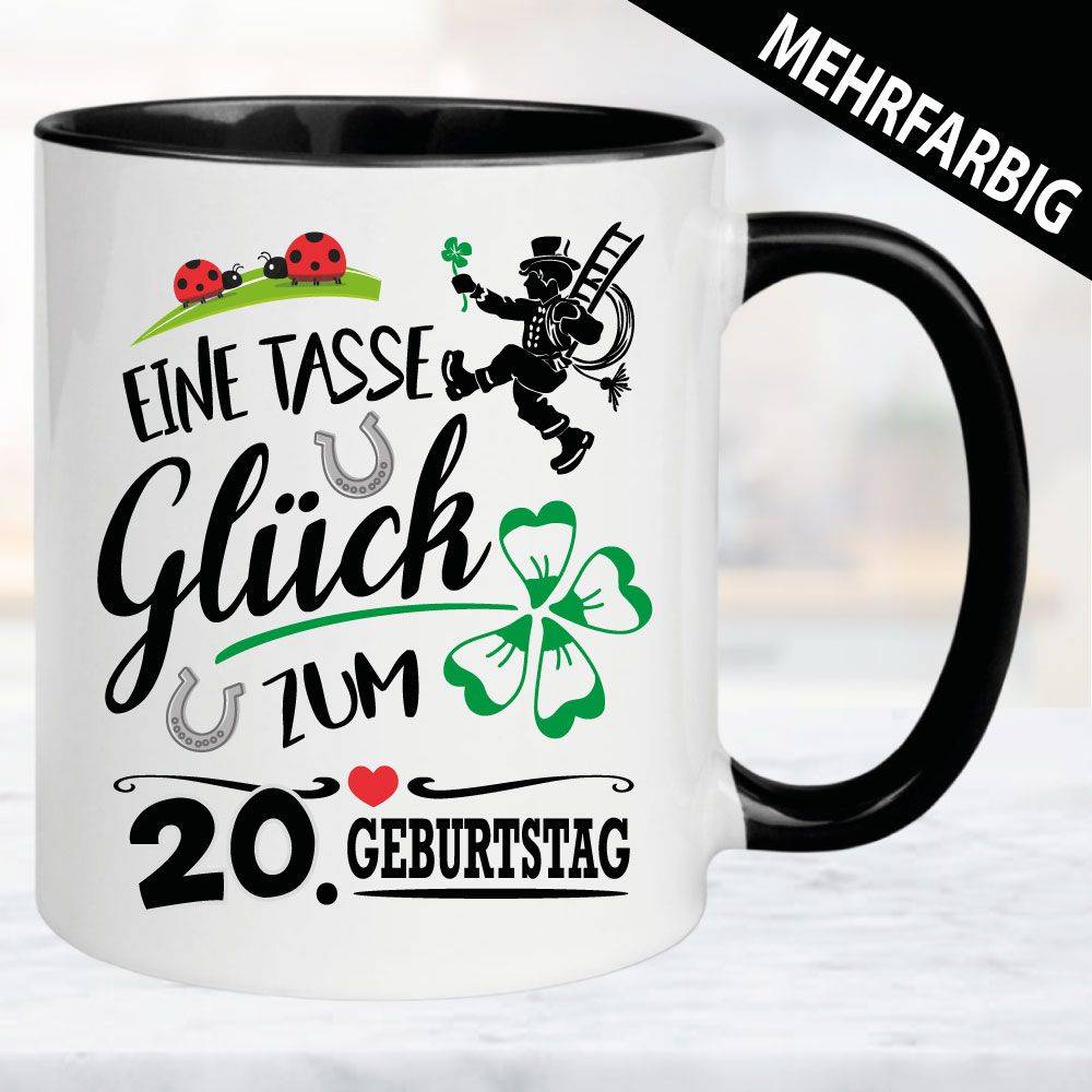 Glückstasse zum Geburtstag. Schornsteinfeger, Kleeblatt und Hufeisen zum 20. Geburtstag.