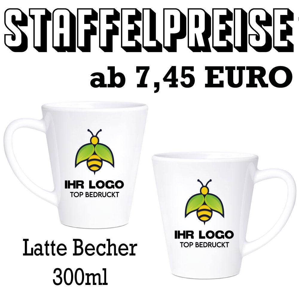 Latte Becher mit Logo und Text. Werbeträger.