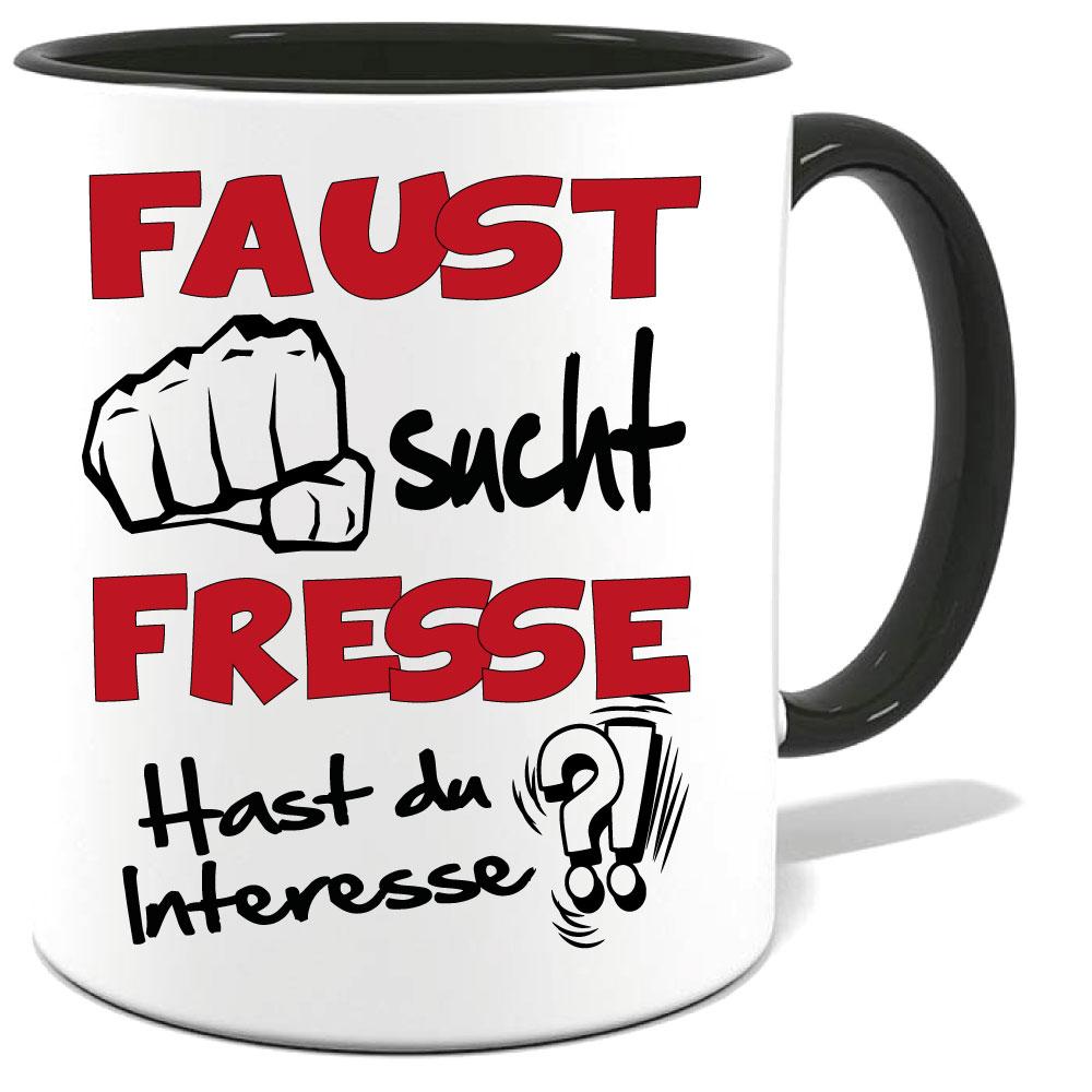 Schwarze Sprüche Tasse Männer Faust sucht Fresse