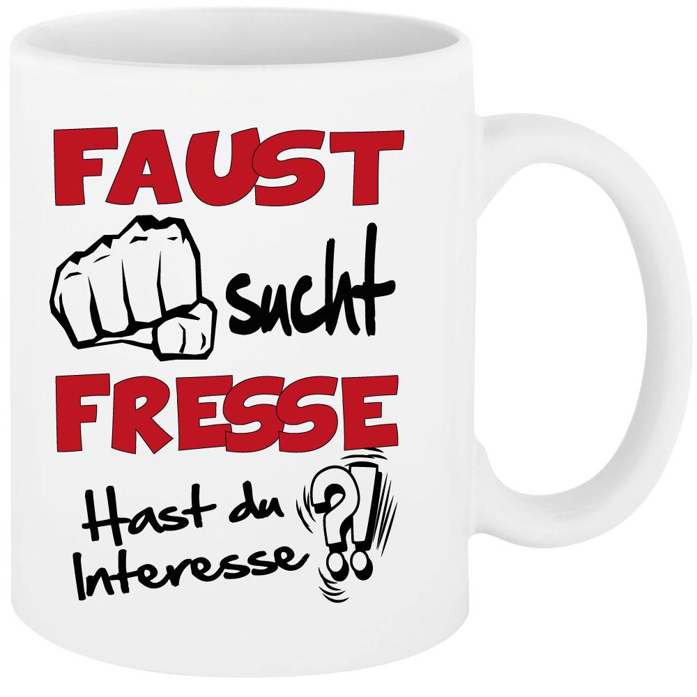 Weisse Sprüche Tasse Männer Faust sucht Fresse