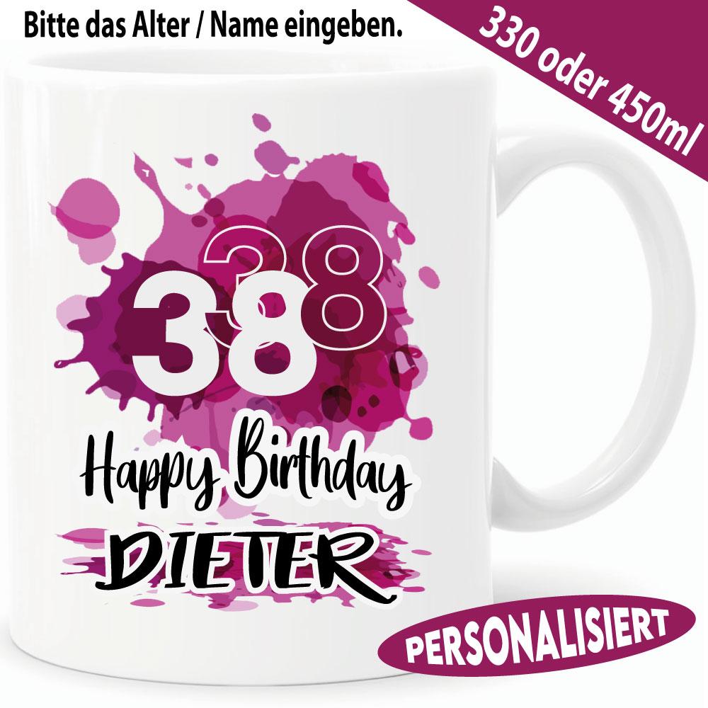 Tasse personalisiert zum Geburtstag. Bunter Splash