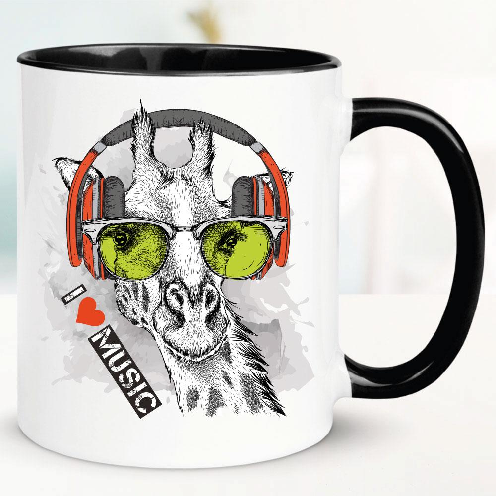 Tasse bedruckt mit Giraffe. I Love Music.