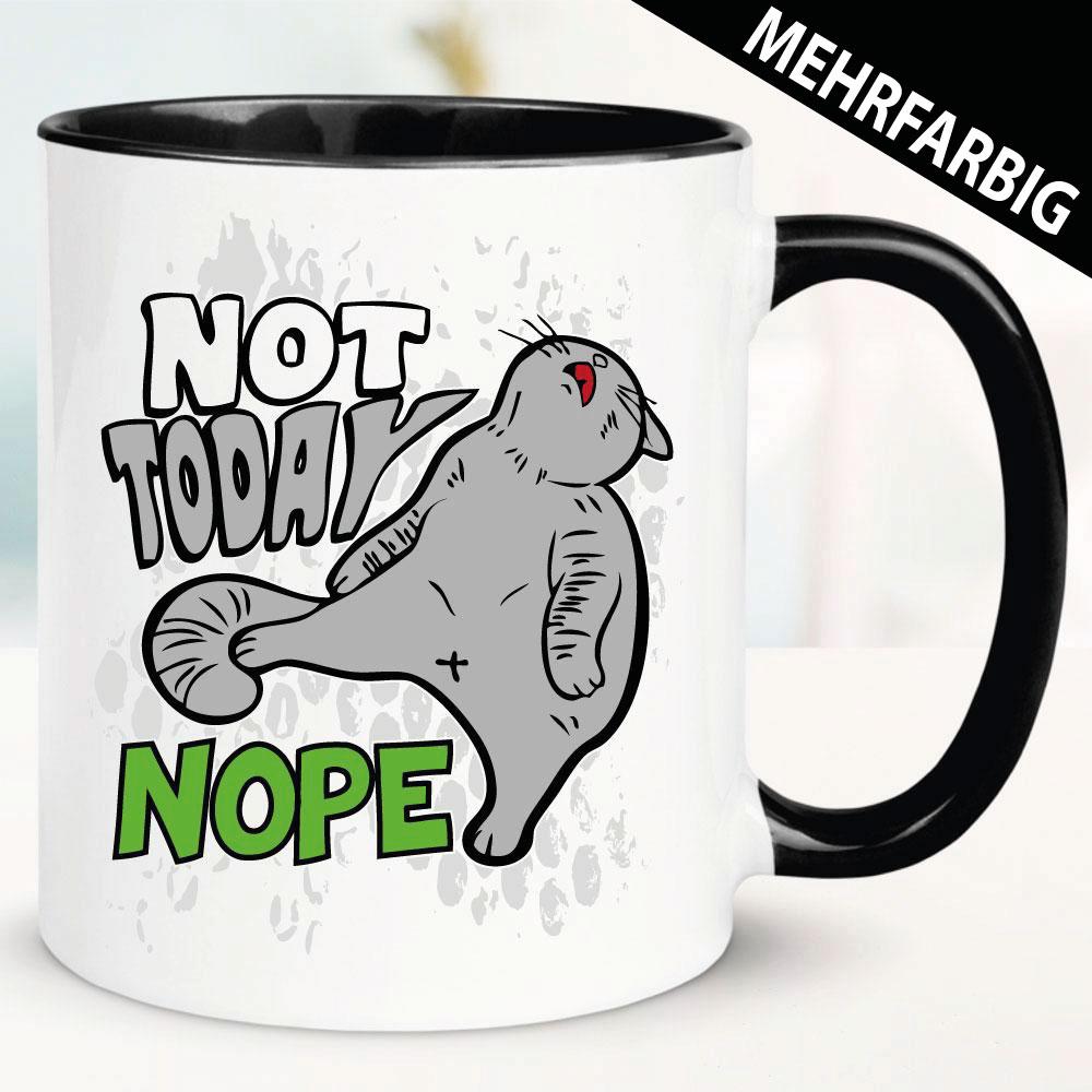 Süße Katze in der Rückenlage – Tasse mit Nope bedruckt.